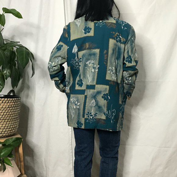 Vintage 1980s geometric floral blazer green medium - Picture 9 of 12